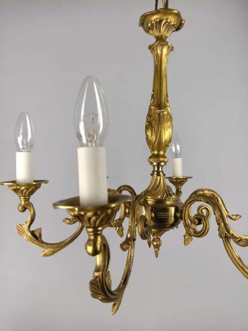 LARGE FRENCH GILDED BRASS 6 LIGHT ANTIQUE CHANDELIER - ADDITIONAL PHOTO 1
