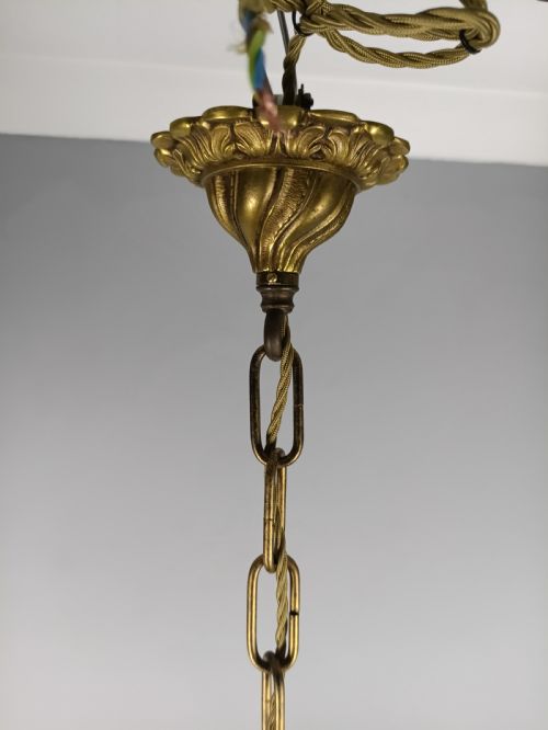 LARGE FRENCH GILDED BRASS 6 LIGHT ANTIQUE CHANDELIER - ADDITIONAL PHOTO 2