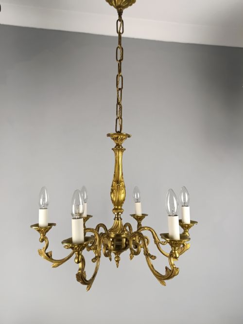 LARGE FRENCH GILDED BRASS 6 LIGHT ANTIQUE CHANDELIER - ADDITIONAL PHOTO 3