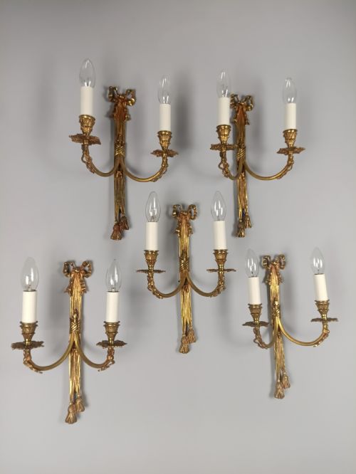 SET OF 5 FRENCH ANTIQUE TWIN ARM GILDED BRASS GILDED BRASS WALL LIGHTS - ADDITIONAL PHOTO 1