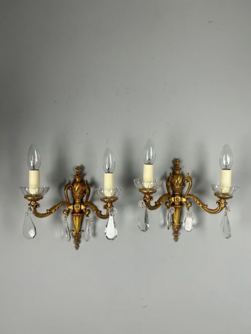PAIR OF FRENCH GILDED CRYSTAL ANTIQUE WALL LIGHTS