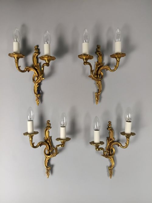 Set of 4 French Antique Twin Arm Gilded Bronze Gilded Bronze Wall Lights