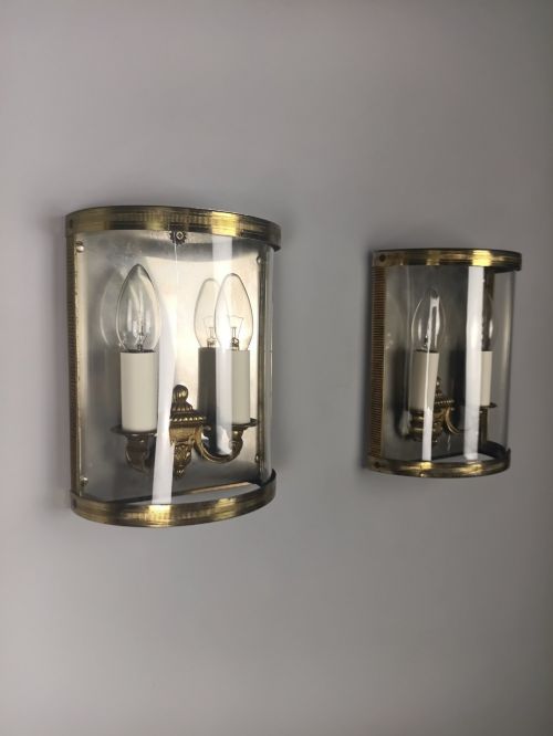 French Pair of Twin Light Gilt Brass Convex Half Lanterns, Wall Lights