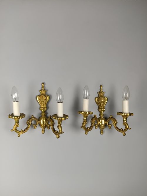 Pair of French Antique Twin Arm Gilded Brass Wall Lights