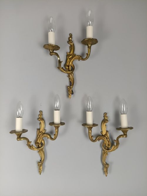 Set of 3 French Antique Twin Arm Gilded Bronze Wall Lights