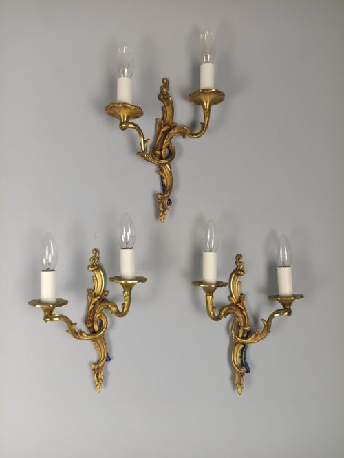 Set of 3 French Antique Twin Arm Gilded Bronze Wall Lights