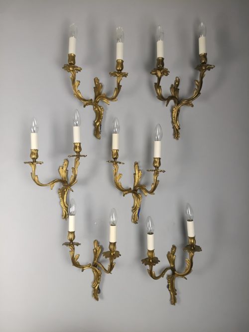 Set of 6 French Antique Twin Arm Gilded Brass Wall Lights