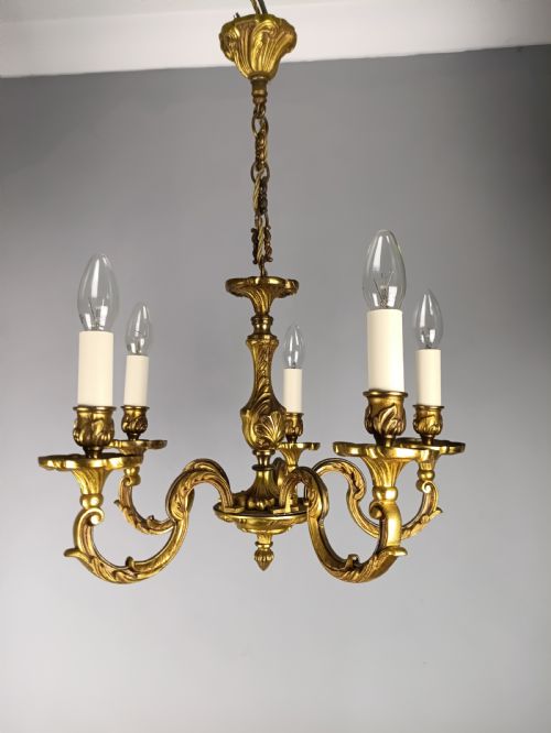 French 5 Light Gilt Bronze Antique Chandelier