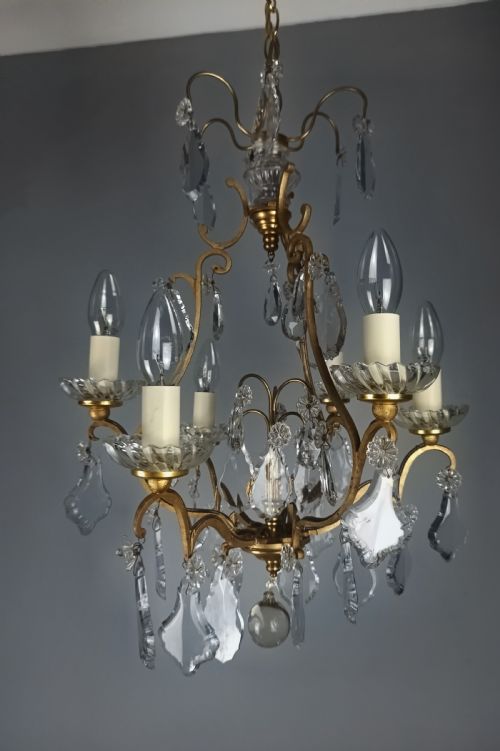 French Gilded & Crystal 6 Light Antique Birdcage Chandelier