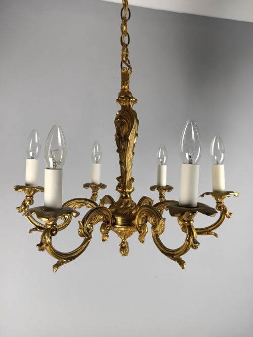 French 6 Light Gilt Bronze Antique Chandelier