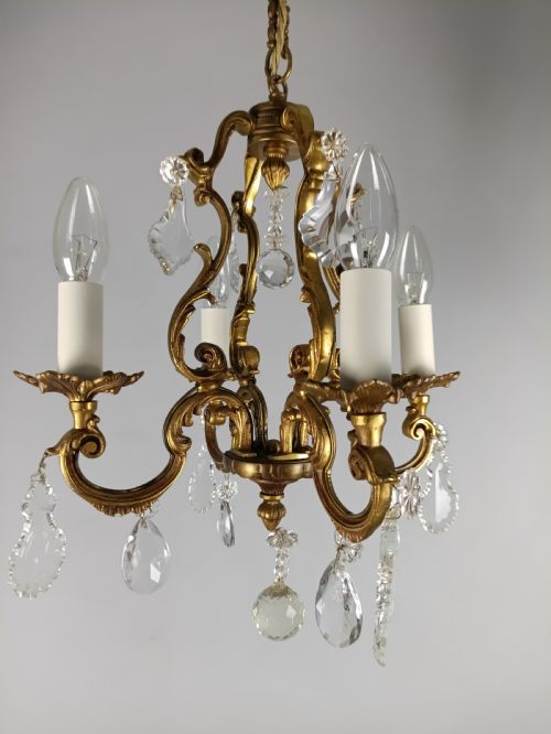 French Gilded & Crystal 4 Light Chandelier