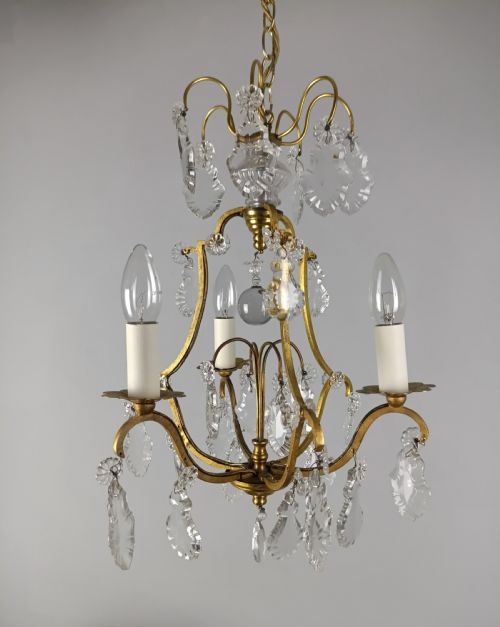 French Gilded & Crystal Triple Light Antique Birdcage Chandelier