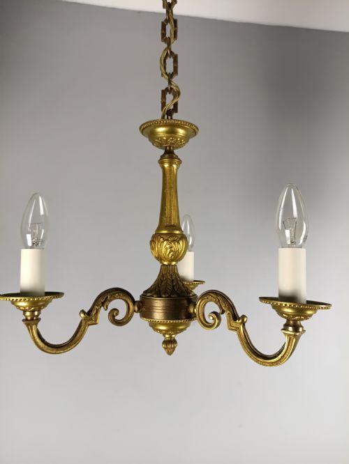 French Triple Light Gilt Brass Antique Chandelier