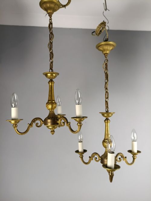Pair of French Triple Light Gilt Brass Antique Chandeliers