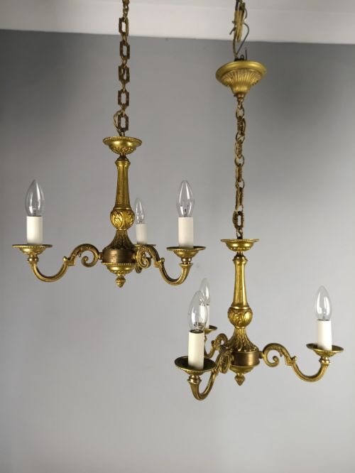 Pair of French Triple Light Gilt Brass Antique Chandeliers