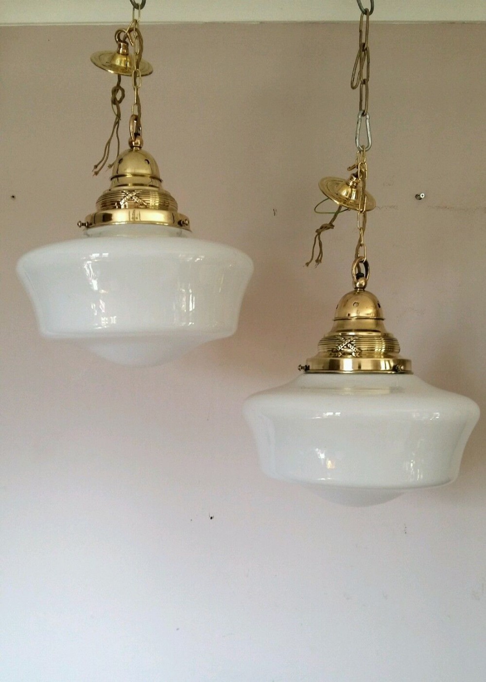 Pair Edwardian Opaline Chapel Ceiling Lamps 