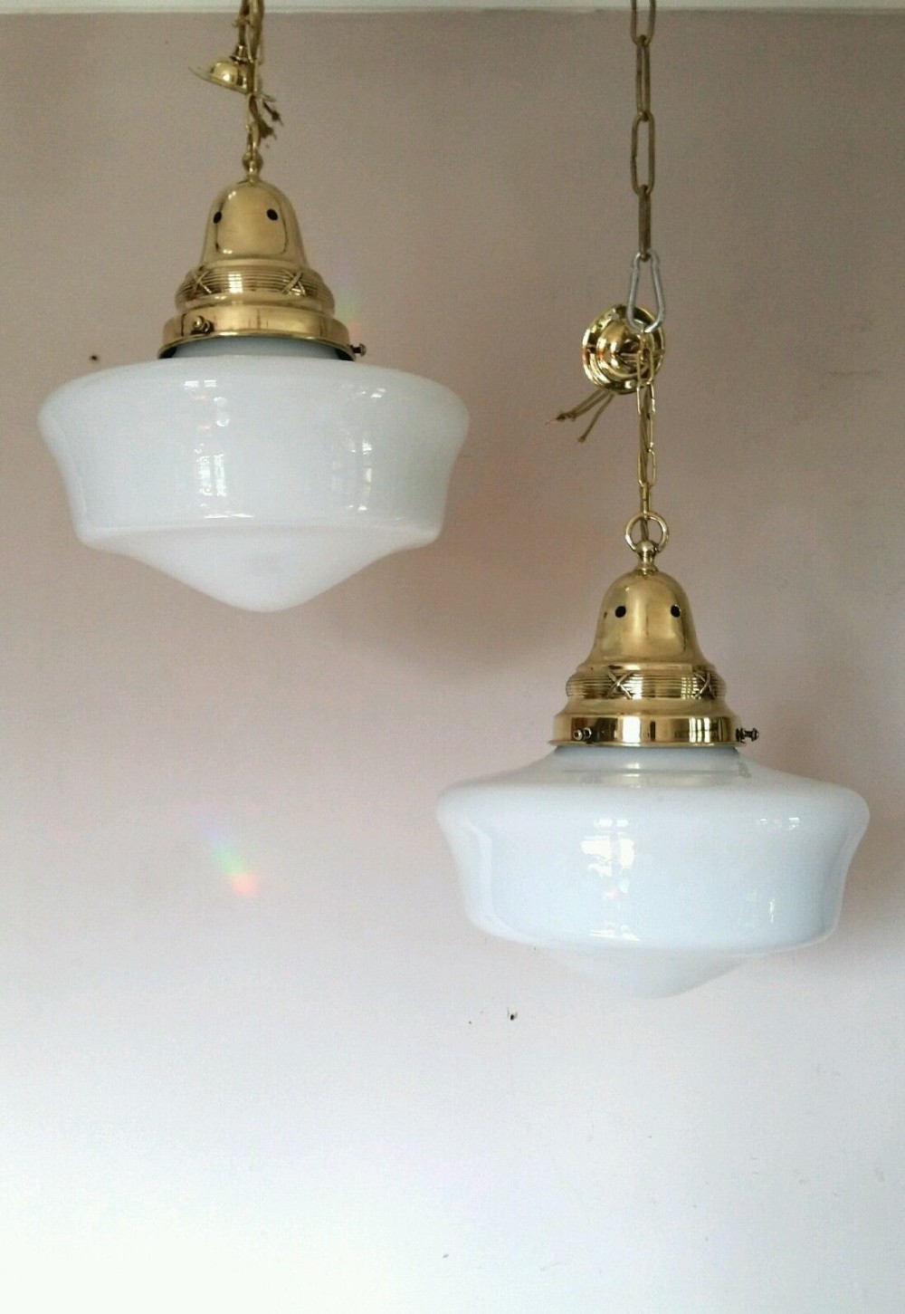 Pair Edwardian Opaline Chapel Ceiling Lamps 