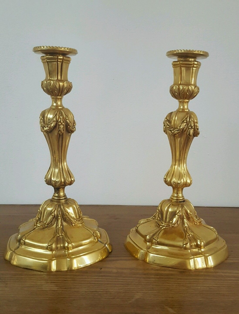 Pair of High Quality Rococo Gilded Antique Bronze Candlesticks; c1910.