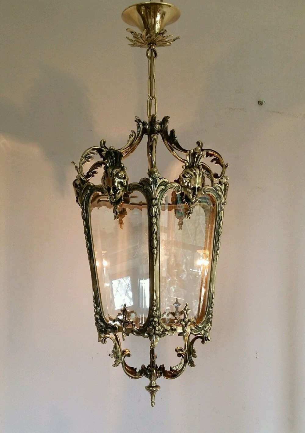 Quality Edwardian Cast Brass Ceiling Lantern Bevelled Glass