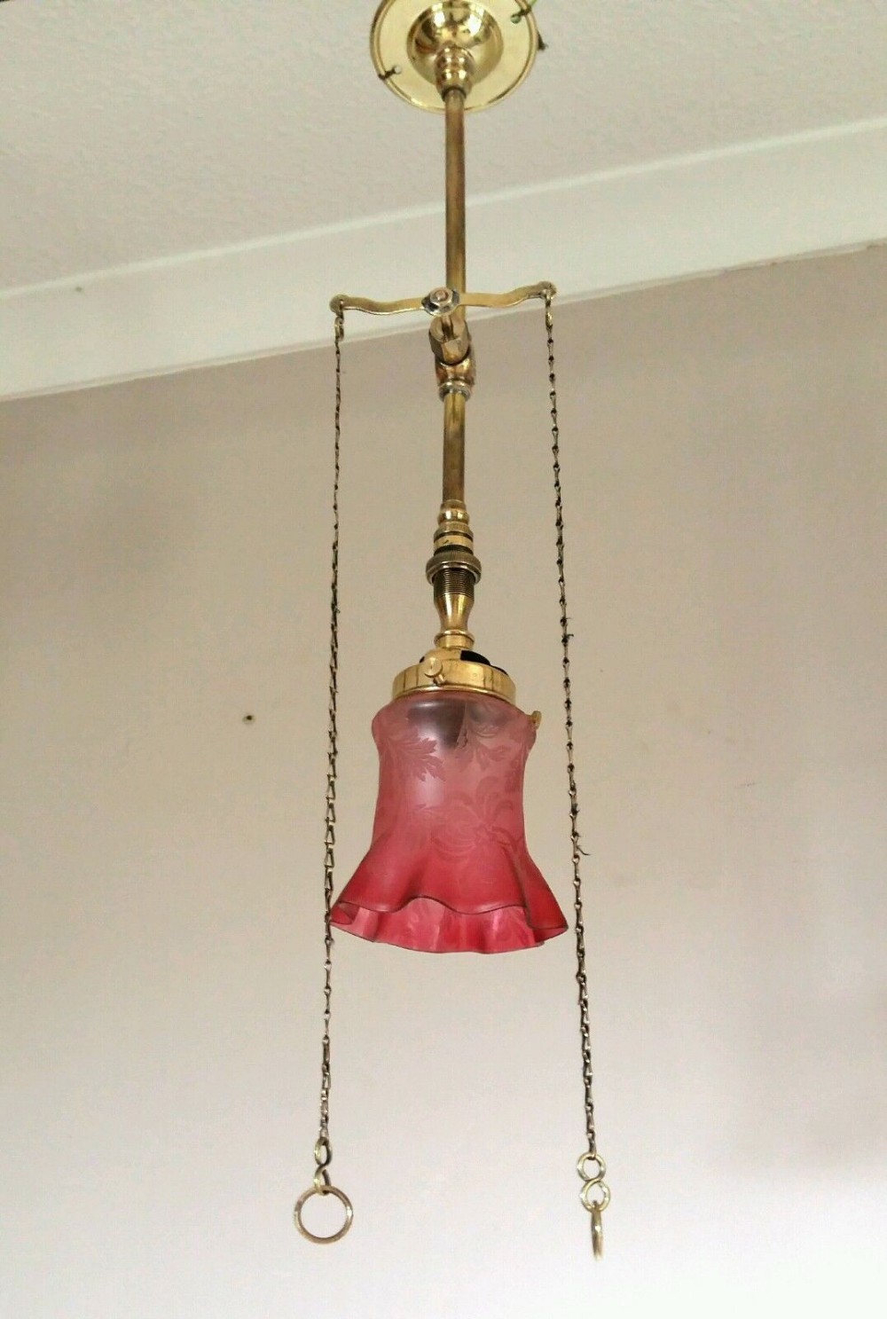 Gas Ceiling Light Lamp Original Acid Etched Cranberry Shade