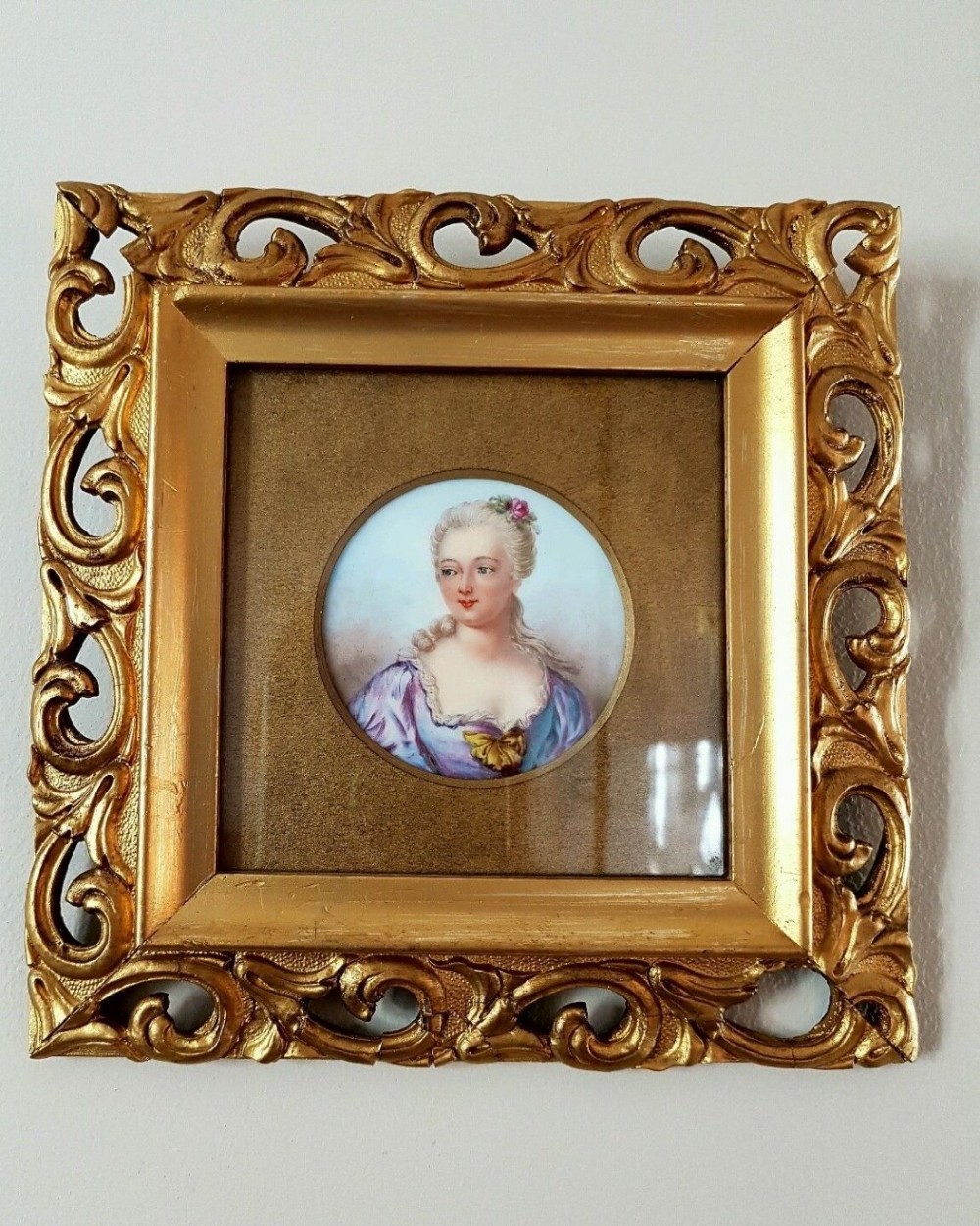 French c1880 Miniature Portrait Painting on Porcelain Gilt Frame