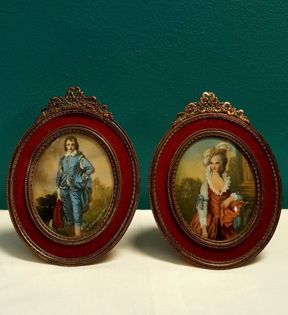 PAIR c1900 French Miniature Signed Portrait Paintings Gilt Frame
