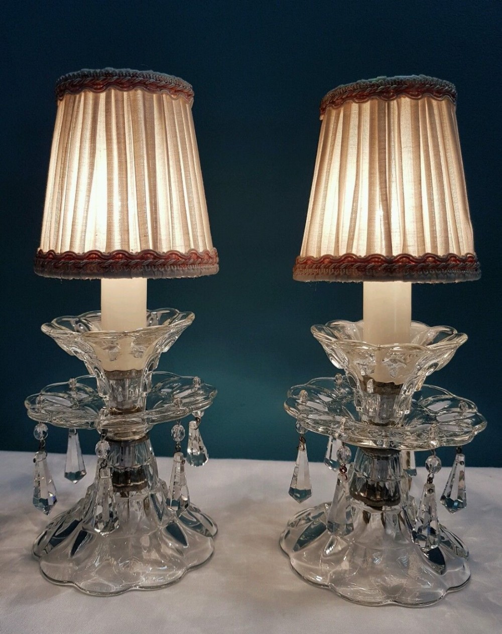C1920 PAIR French Crystal Table Lamps With Linen Shades Fully Rewired
