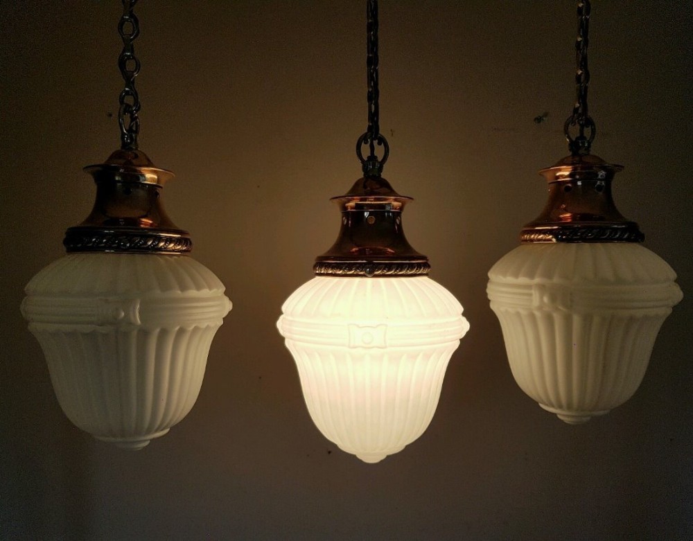 Set of 3 c1900 White Opaline Ceiling Lamps Lights Copper Galleries