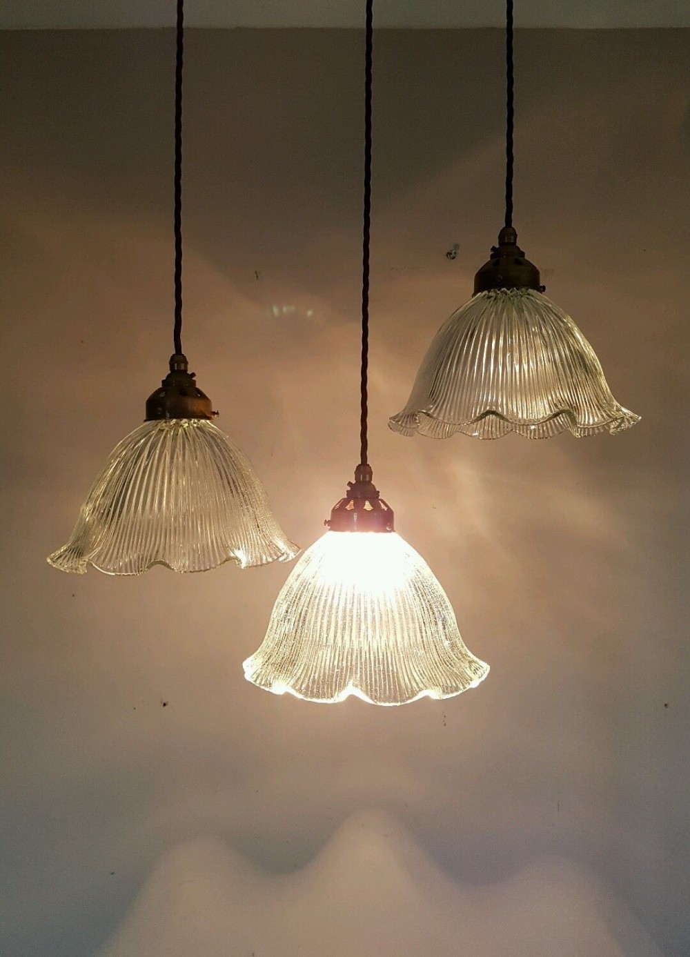 Set of 3 Holophane Ceiling Lamps Lights c1920