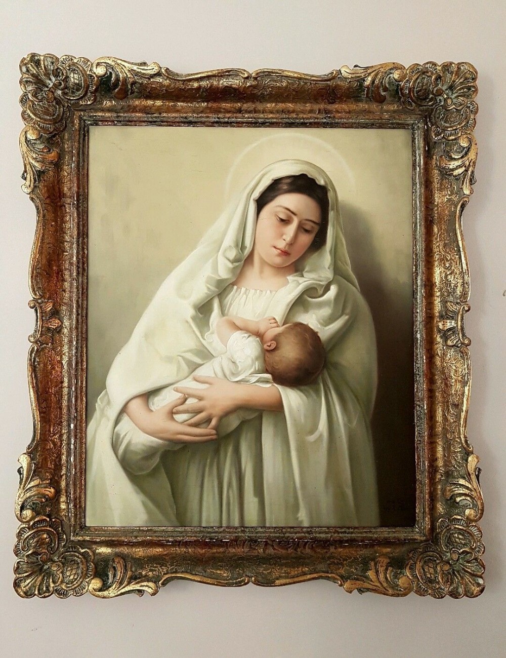 c1890 Prague Signed Madonna & Child Oil Painting Original Frame