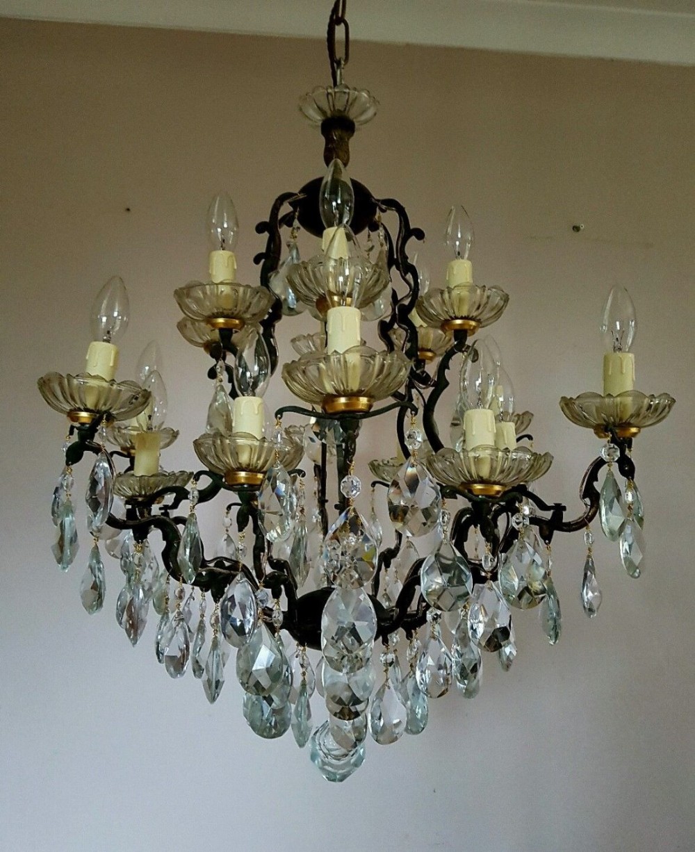 c1880 Birdcage 18 Arm Brass Crystal Chandelier