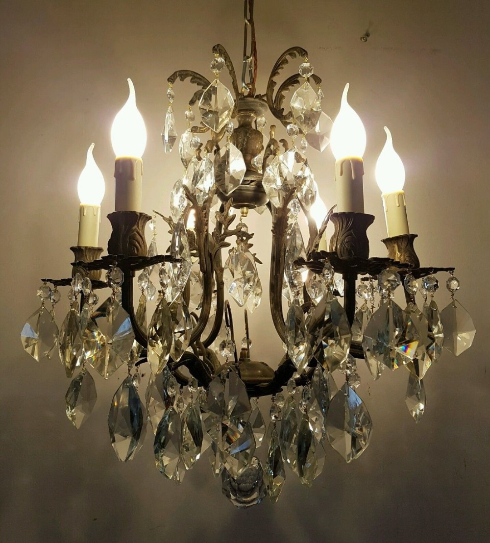 French c1900 Birdcage 6 Arm Brass Crystal Chandelier