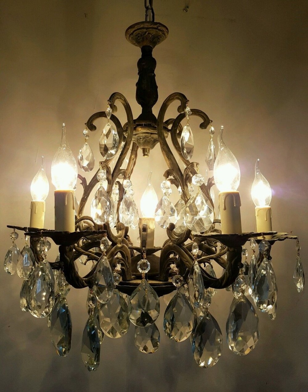 c1910 Antique Birdcage 5 Arm Gilt Brass Crystal Chandelier