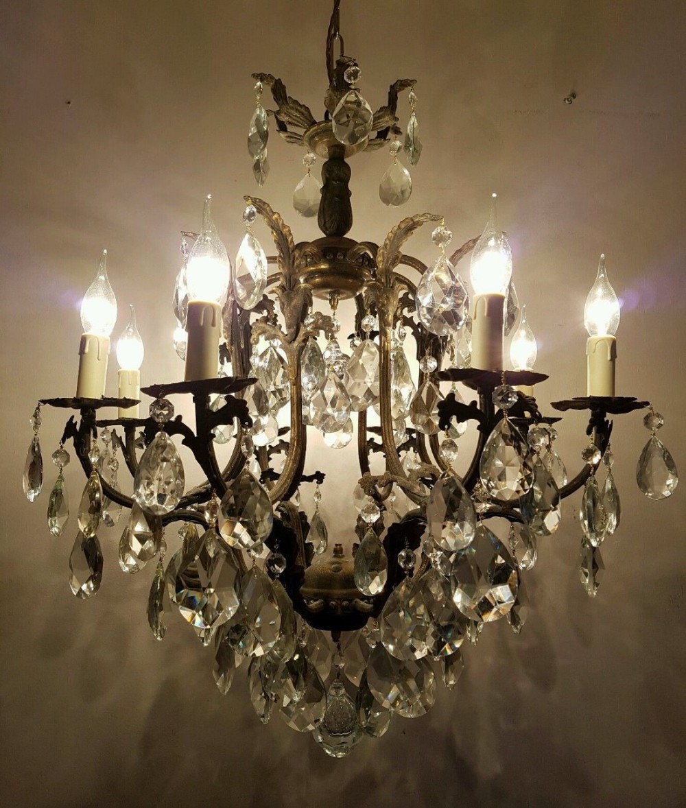 French c1920 Antique Birdcage 8 Arm Gilt Brass Crystal Chandelier