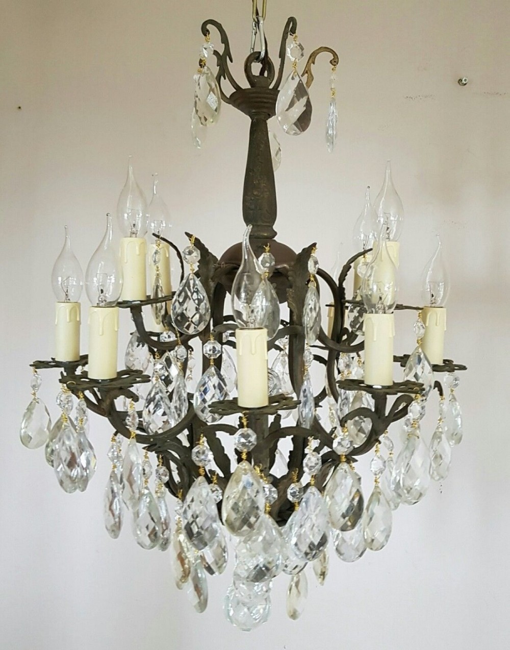 c1910 Antique Birdcage 12 Arm Gilt Brass Crystal Chandelier