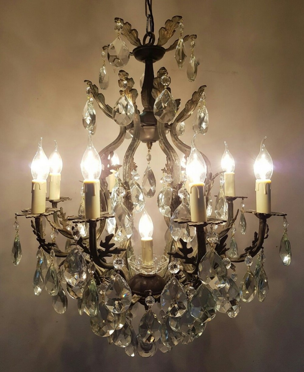 French c1910 Birdcage 8 Arm Gilt Brass Crystal Chandelier