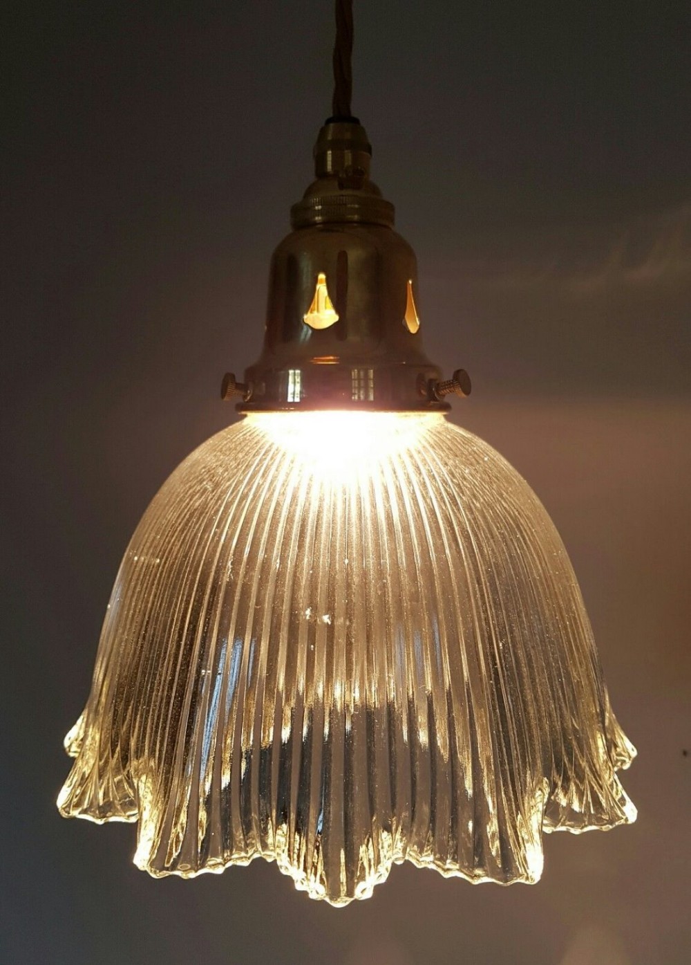 Brass Holophane Ceiling Lamp
