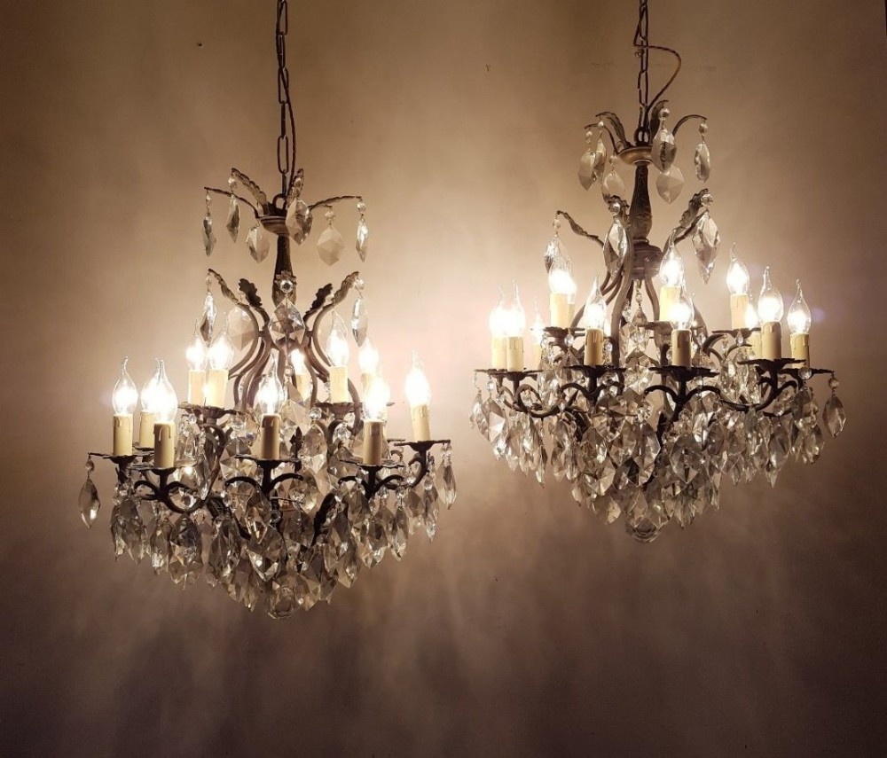 Pair French c1910 15 Arm Gilt Brass Crystal Chandeliers