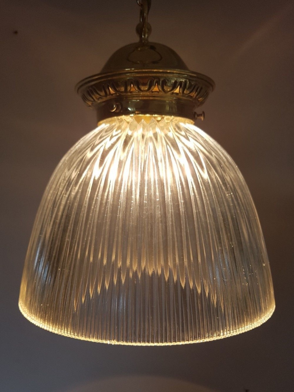 No 2 of a Pair Large Brass Stamped Holophane Ceiling Lamp Light