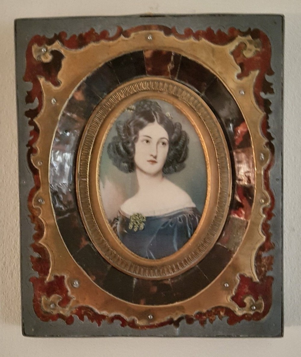 Brass Pewter Framed Miniature Watercolour Portrait on Ivorine