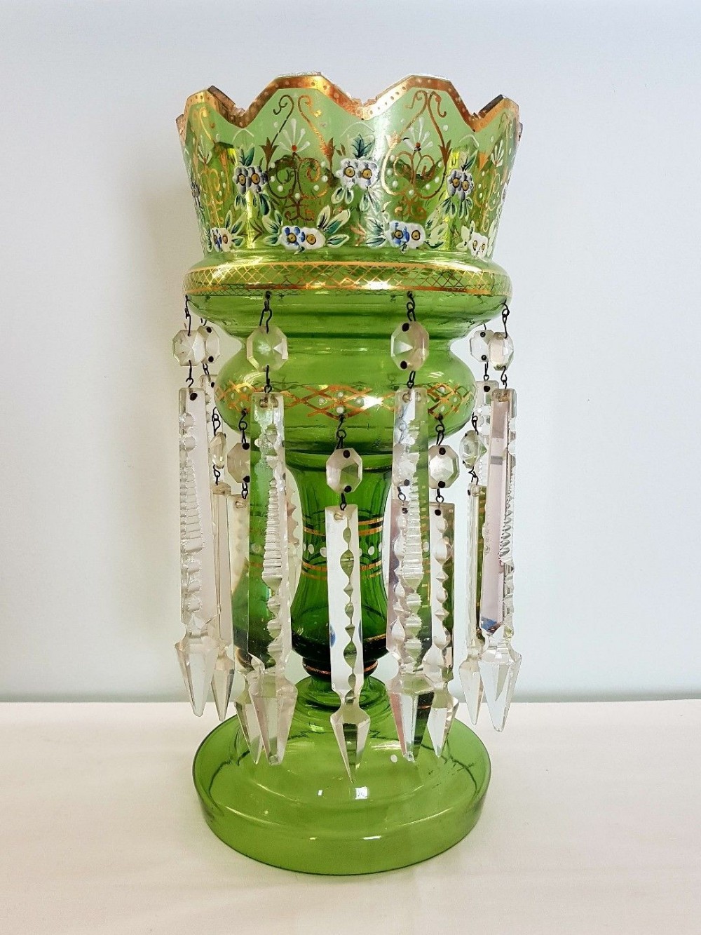 Large Antique Victorian Bohemian Green Mantle Lustre Crystal Spear Prisms