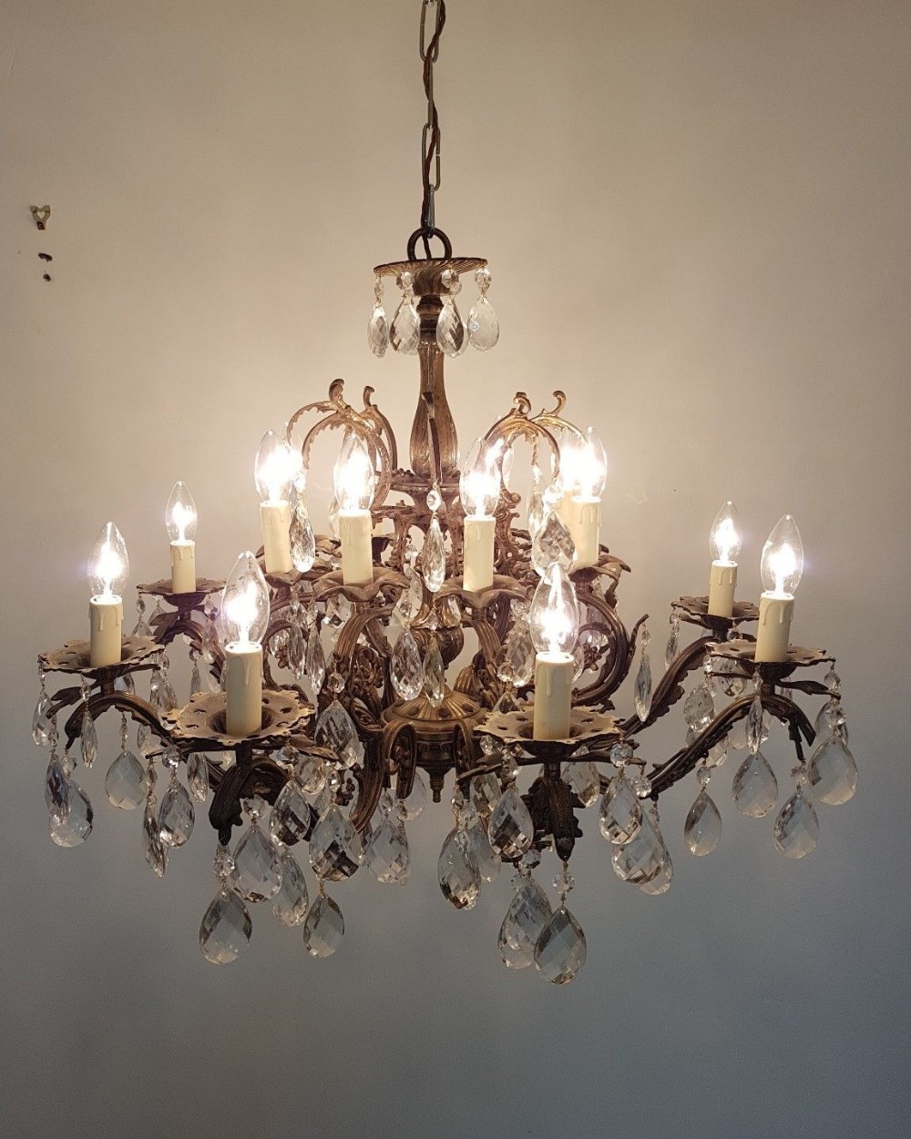 French c1910 Antique Birdcage 16 Arm Gilt Brass Crystal Chandelier