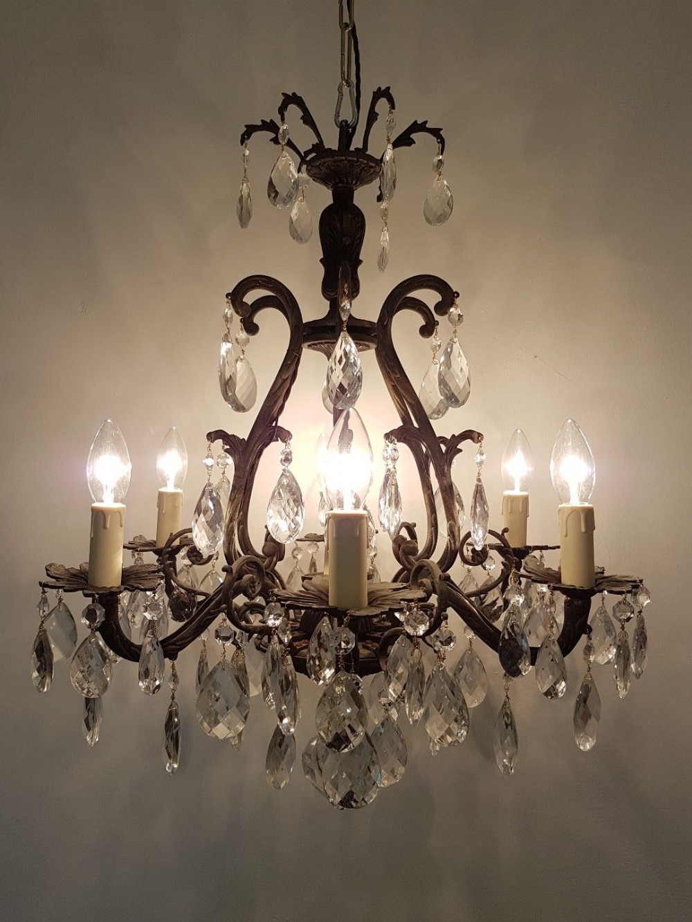French c1910 Antique Birdcage 6 Arm Gilt Brass Crystal Chandelier