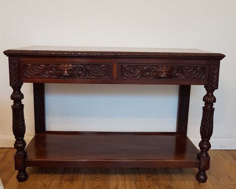 Victorian c1860 Carved Oak Green Man Hall Side Table with 2 Drawers 
