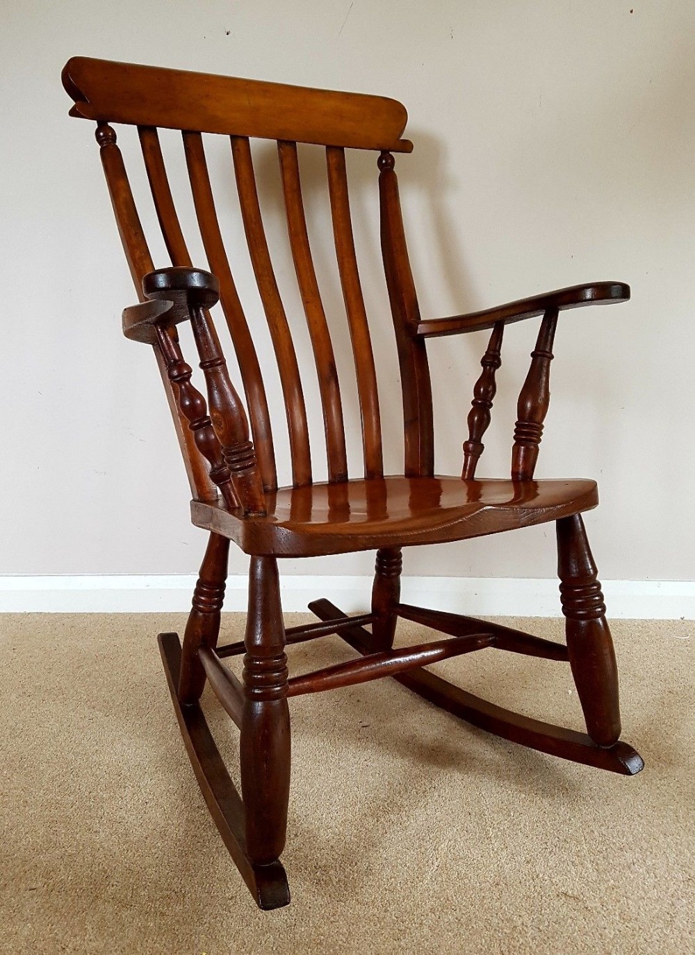 Victorian Antique c1880 Ash Elm Splat Back Fireside Rocking Armchair