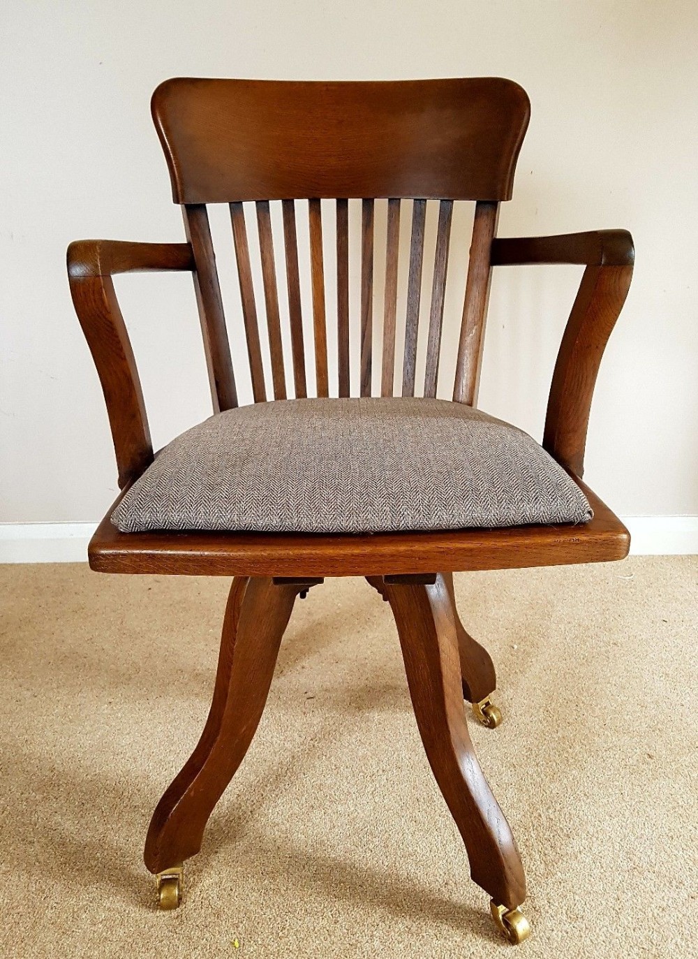 Antique Edwardian Swivel Oak Office Desk Study Arm Chair; c1910; New Seat Cover 