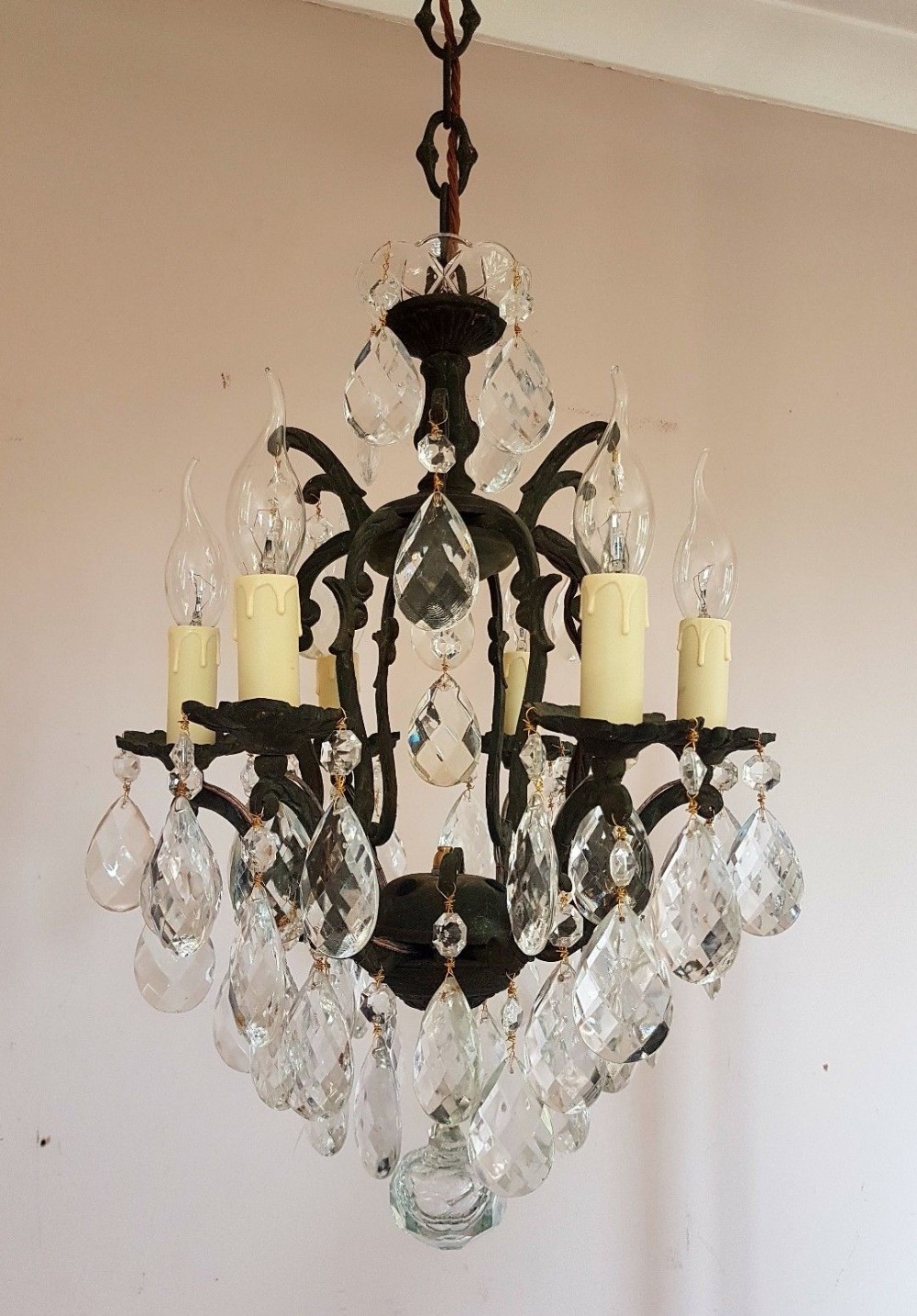 Small French c1910 Antique 6 Arm Birdcage Gilt Brass Crystal Chandelier