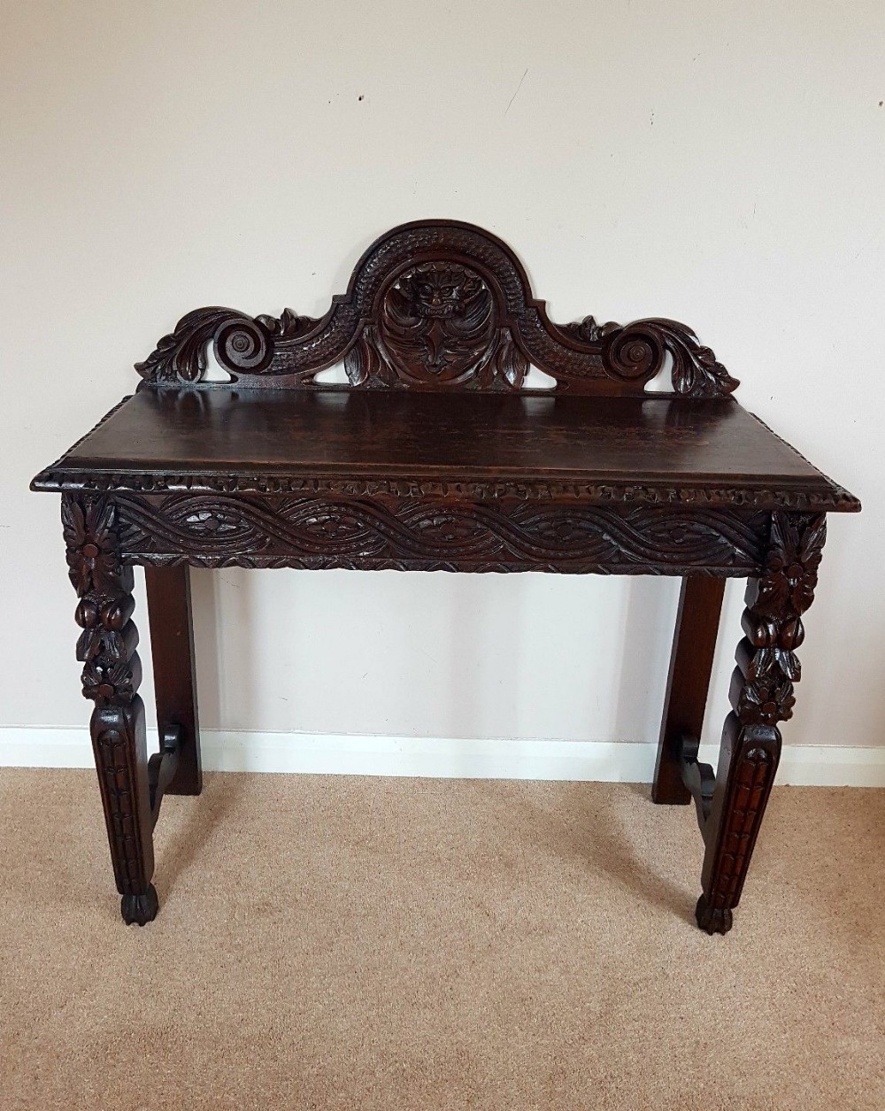 Antique Victorian c1860 Carved Oak Green Man Hall Side Table 