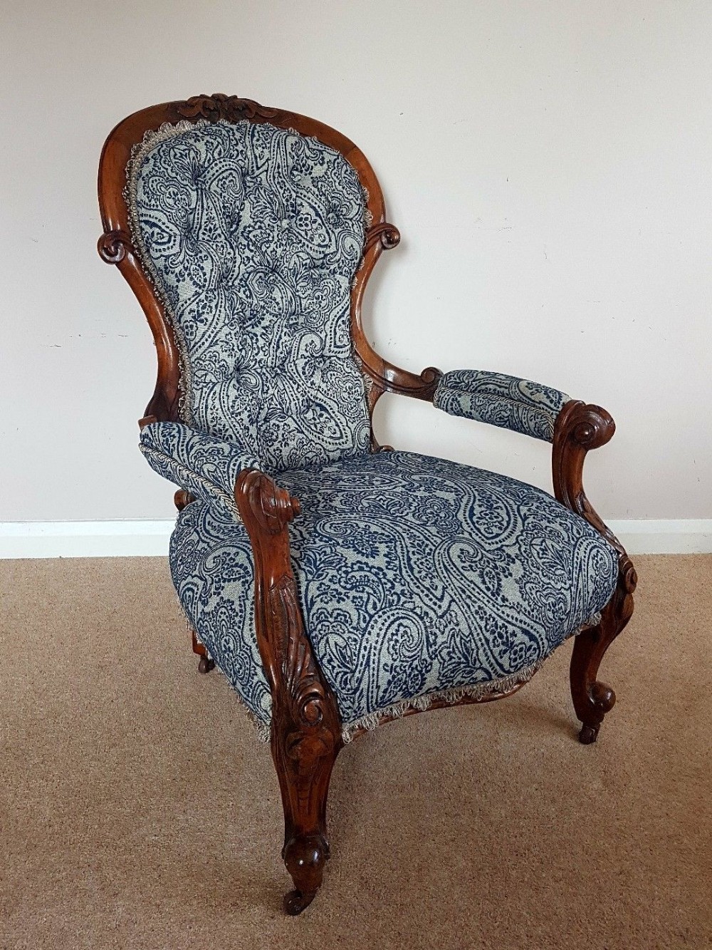 Antique Victorian Carved Deep Button Re-Upholstered Armchair c1880 