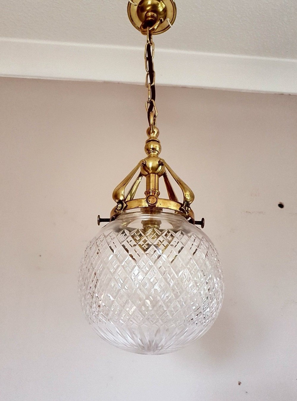 Edwardian c1900 Cut Crystal Globe Ceiling Lamp Light. Rewired. Original Gallery. 